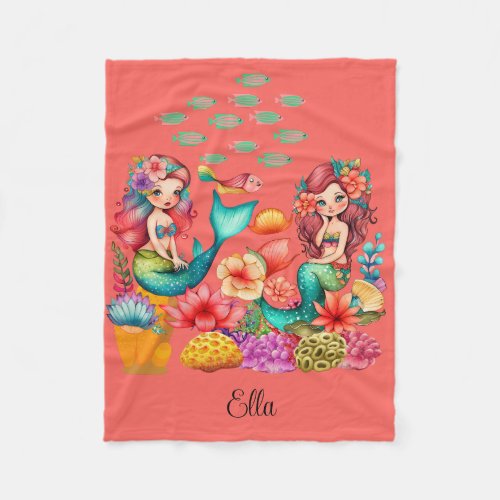 Cute and Colorful Watercolor Mermaids Fleece Blanket