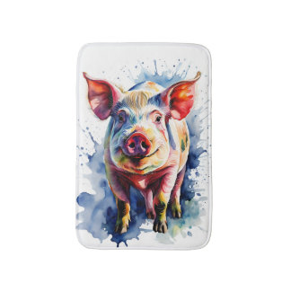 Cute and Colorful Watercolor Pig Bath Mat
