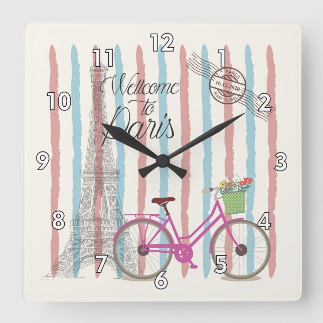 Cute and Colorful Welcome to Paris Square Wall Clock (Front)