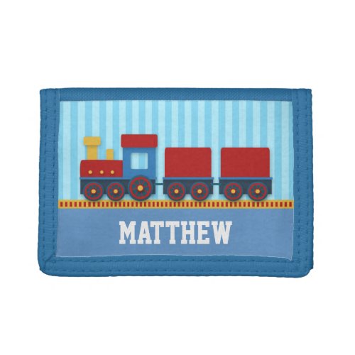 Cute and Colourful Train Blue stripe for Boy Tri_fold Wallet