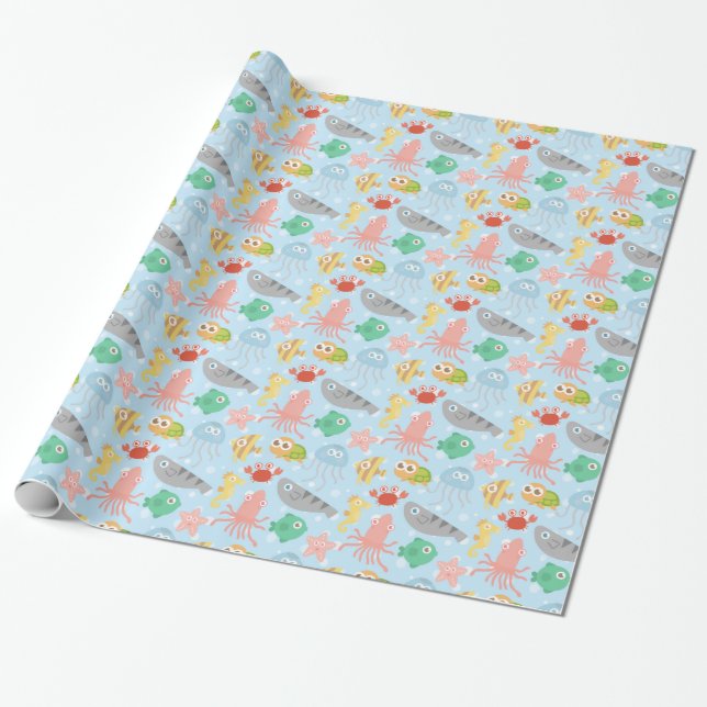 Cute and Colourful Underwater Animals Pattern Wrapping Paper (Unrolled)