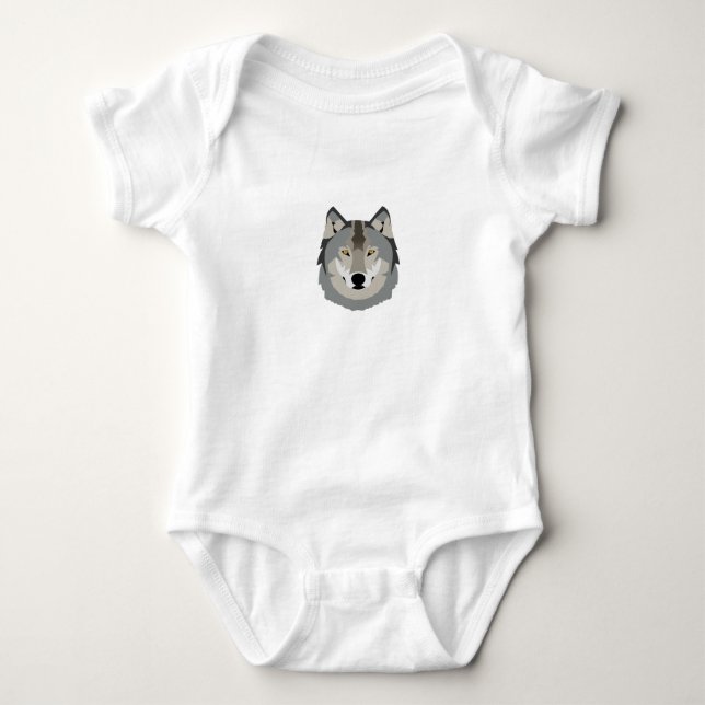 Cute and Cool Gray Wolf Face, Illustrated Animal Baby Bodysuit (Front)