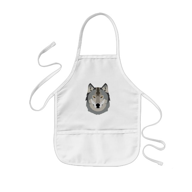 Cute and Cool Gray Wolf Face, Illustrated Animal Kids' Apron (Front)