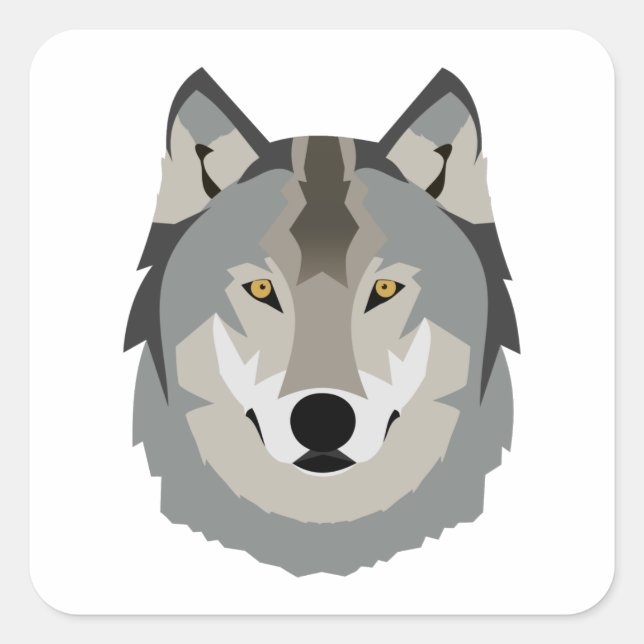 Cute and Cool Gray Wolf Face, Illustrated Animal Square Sticker (Front)