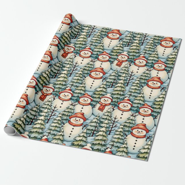 Cute and Cozy Snowman Christmas Wrapping Paper (Unrolled)