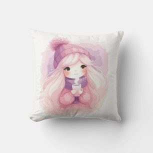 Cute and Cozy Winter Girl Illustration Throw Pillow
