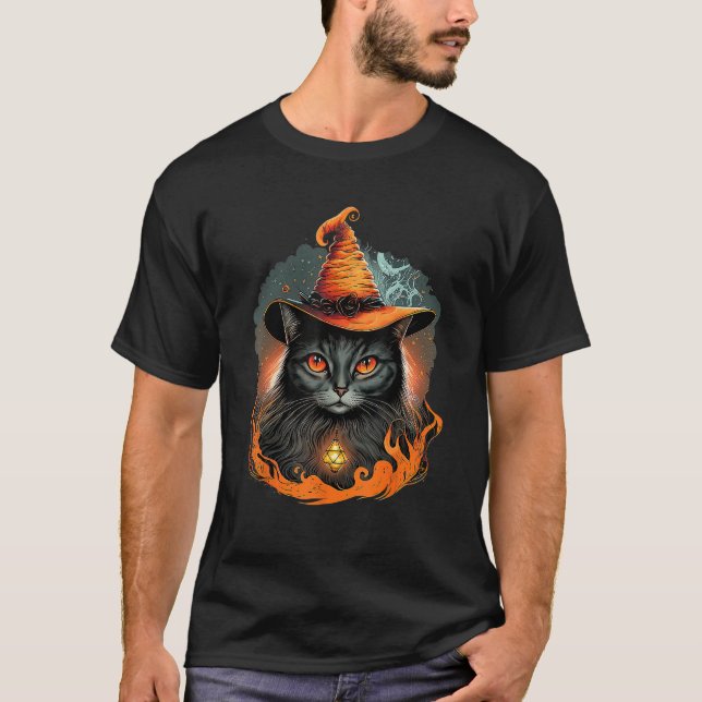 Cute and Creepy Black Cat Wearing a Witch Hat T-Shirt (Front)