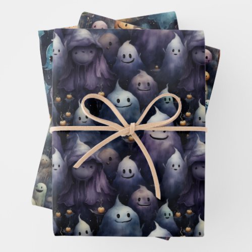 CUTE AND CREEPY GHOSTS GHOULS HALLOWEEN WRAPPING PAPER SHEETS