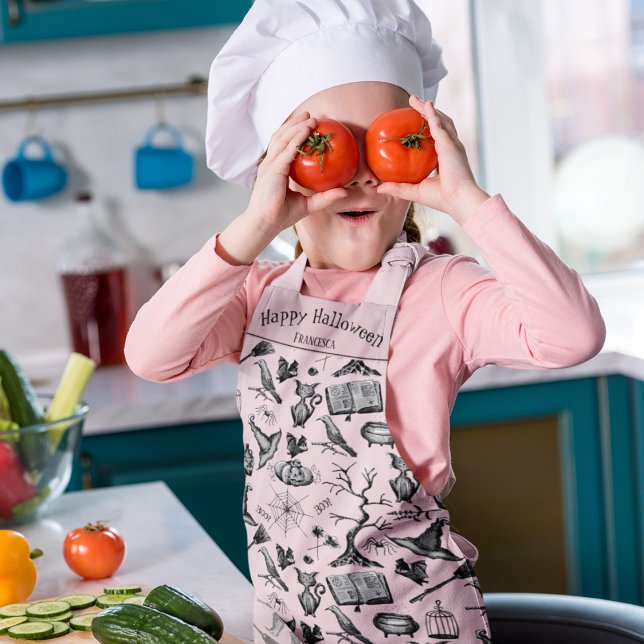 Cute and Creepy Pink Halloween Personalized Apron (Cute & Spooky Pink Halloween Pattern. Black Cats, Bats, Spiders, Pumpkins, Crows, Witch Hat & more.)