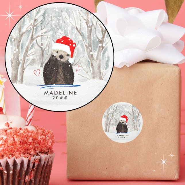 Cute and Cuddly Santa Otter Kid's Name and Year Classic Round Sticker (Personalize with a name and year. 
)