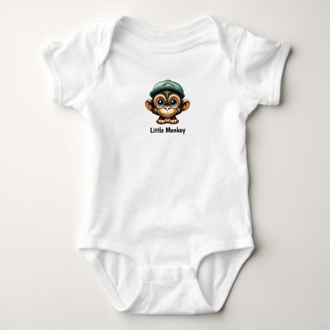 Cute and Curious Baby Monkey with Bright Green Hat Baby Bodysuit (Front)