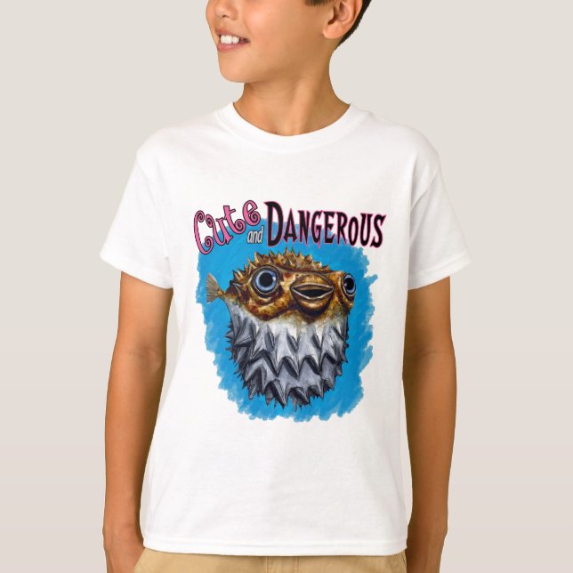 Cute And Dangerous Puffer Fish Blue T-Shirt (Front)