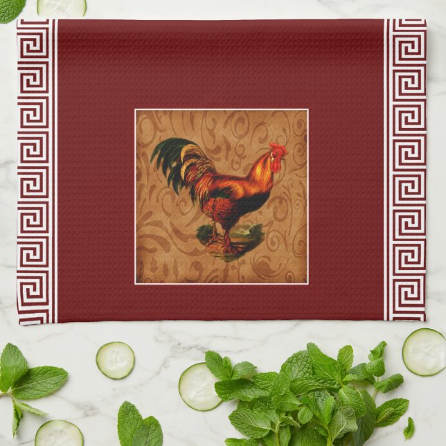 Cute and Elegant Country Rooster and Greek key Kitchen Towel (Folded)