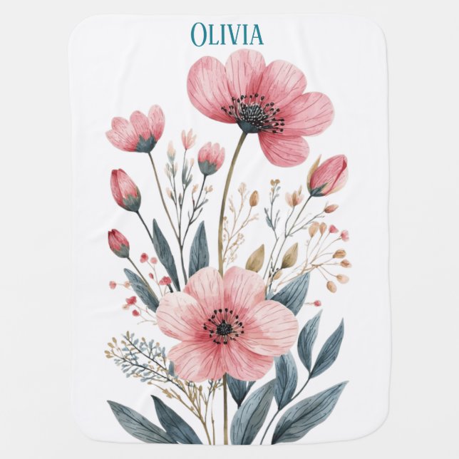 Cute and Elegant Floral Botanical Baby Blanket (Front)