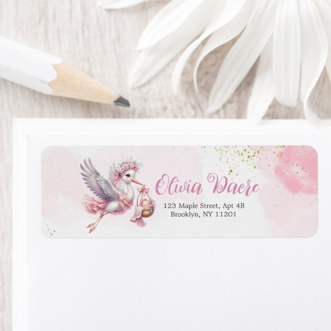 Cute and Elegant Pink Stork Baby Shower for Girl  Label (Creator Uploaded)