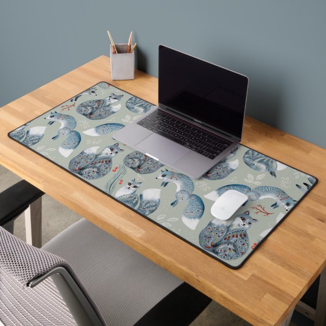 Cute and fancy gray foxes and flowers pattern desk mat (Office 2)