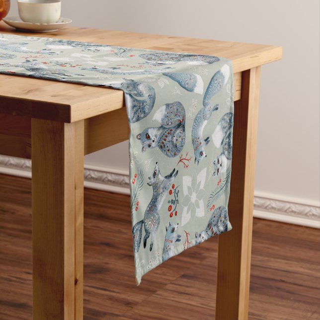 Cute and fancy gray foxes and flowers pattern short table runner (In Situ)