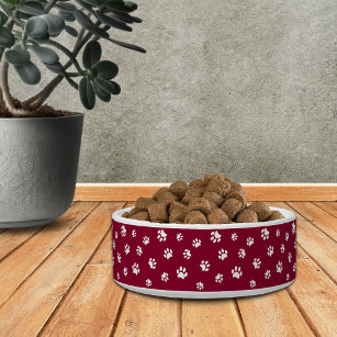 Cute and Festive White Paw Prints on Red Pet Bowl