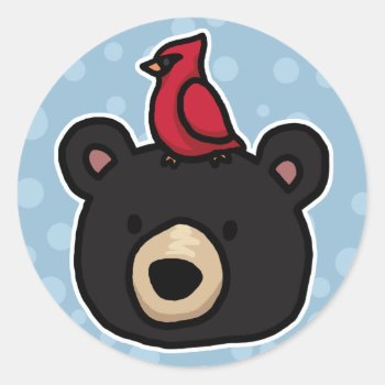 Cute And Friendly Bear And Cardinal Classic Round Sticker by DuchessOfWeedlawn at Zazzle