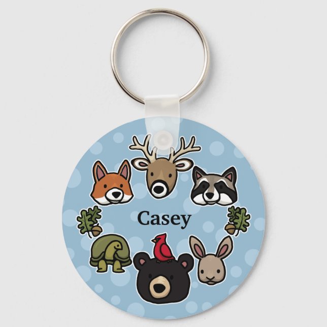 Cute and Friendly Forest Animals, Add Child's Name Keychain (Front)