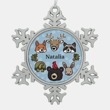 Cute And Friendly Forest Animals  Add Child's Name Snowflake Pewter Christmas Ornament by DuchessOfWeedlawn at Zazzle