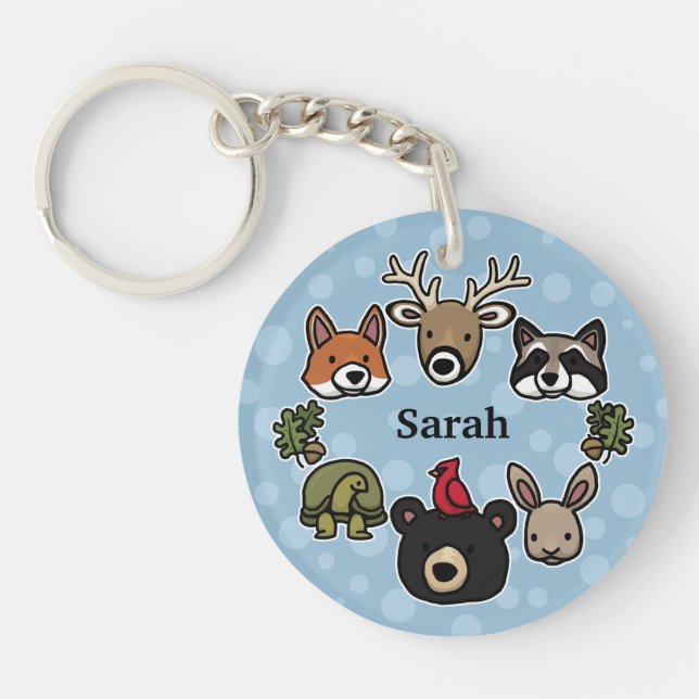 Cute and Friendly Forest Animals, Add Your Name Keychain (Front)