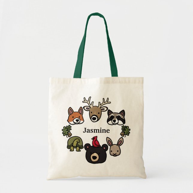 Cute and Friendly Forest Animals, Add Your Name Tote Bag (Front)