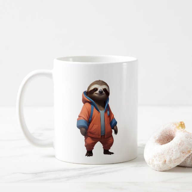 Cute and Friendly Sloth Illustration Coffee Mug (With Donut)