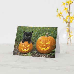 Cute and Fun Black Cat Kitten Halloween Pumpkin Card