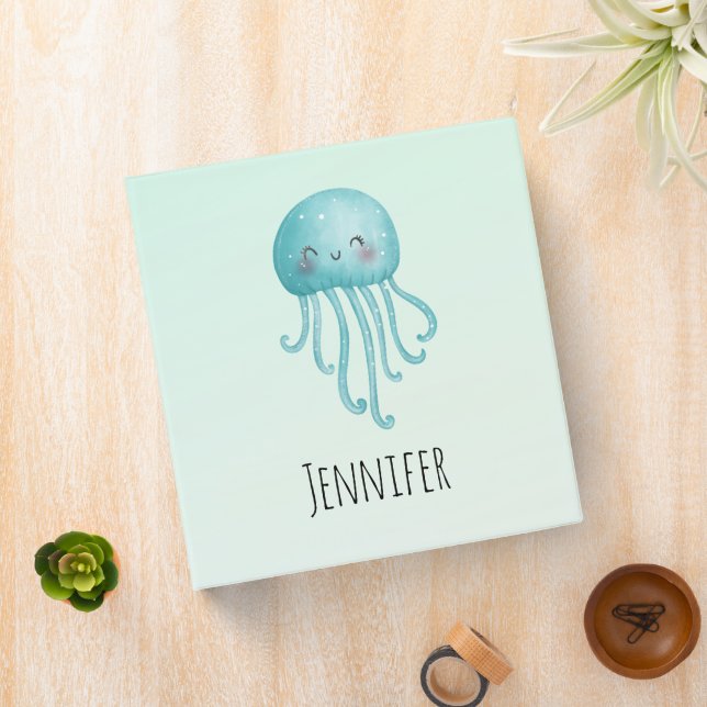 Cute and Fun Blue-Green Jellyfish 3 Ring Binder (In Situ)