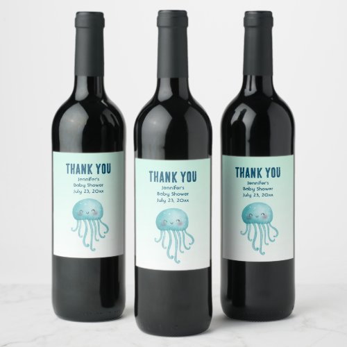 Cute and Fun Blue_Green Jellyfish Baby Shower Wine Label