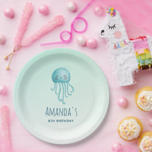 Cute and Fun Blue-Green Jellyfish Birthday Paper Plates