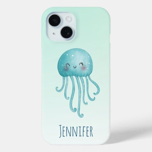 Cute and Fun Blue_Green Jellyfish iPhone 15 Case
