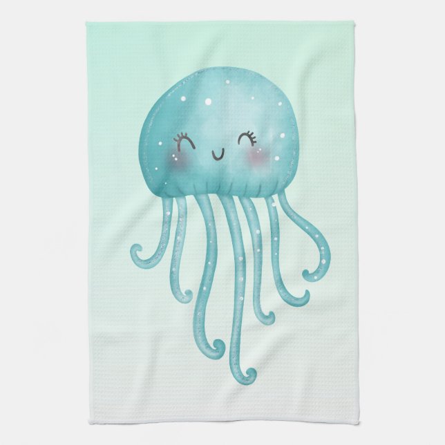Cute and Fun Blue-Green Jellyfish Kitchen Towel (Vertical)