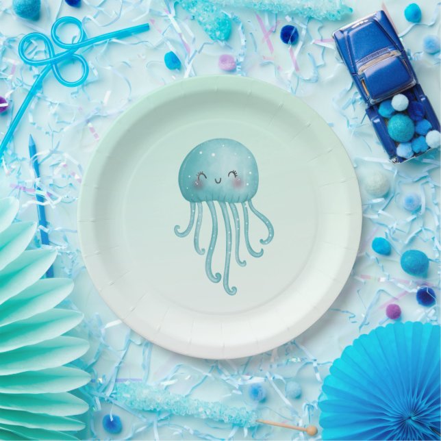 Cute and Fun Blue-Green Jellyfish Paper Plates (Party)