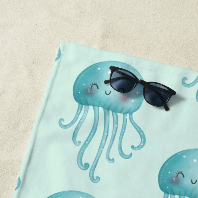 Cute and Fun Blue-Green Jellyfish Pattern Beach Towel (In Situ)