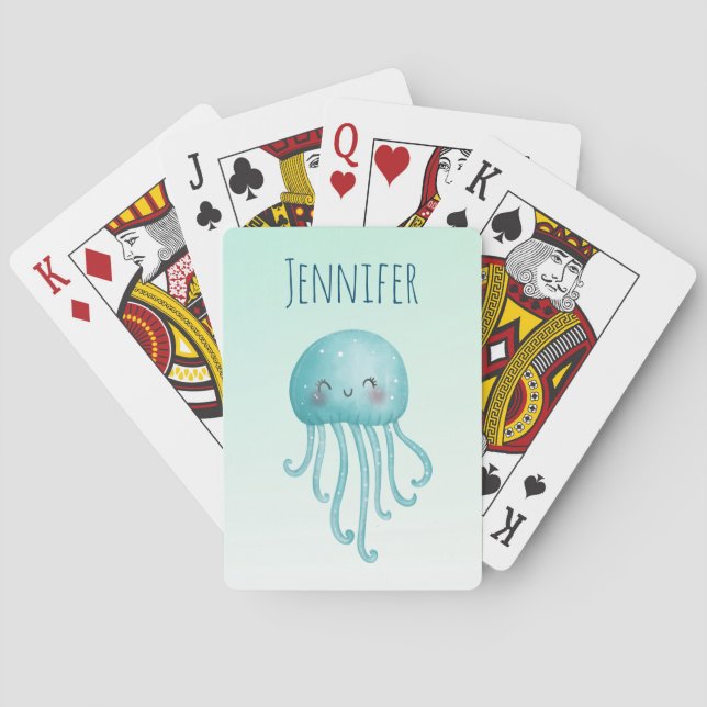  Cute and Fun Blue-Green Jellyfish Poker Cards (Back)