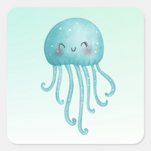 Cute and Fun Blue-Green Jellyfish Square Sticker