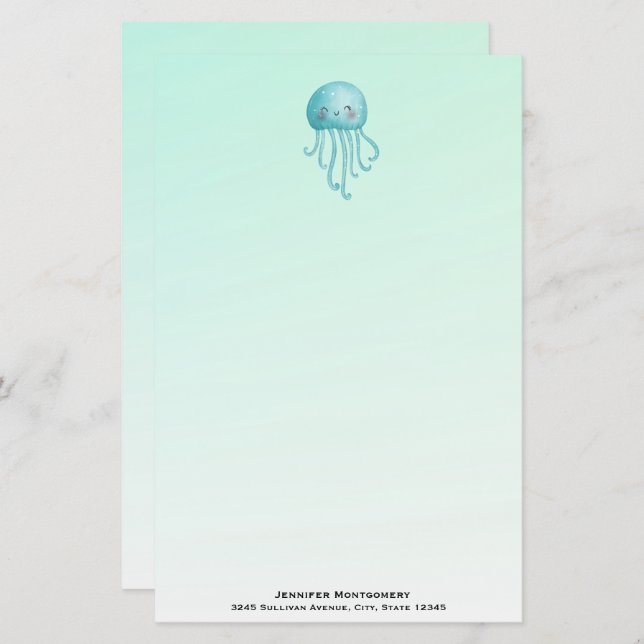 Cute and Fun Blue-Green Jellyfish Stationery (Front/Back)