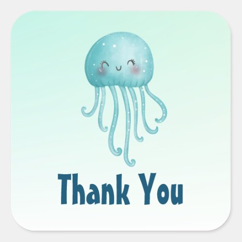 Cute and Fun Blue_Green Jellyfish Thank You Square Sticker