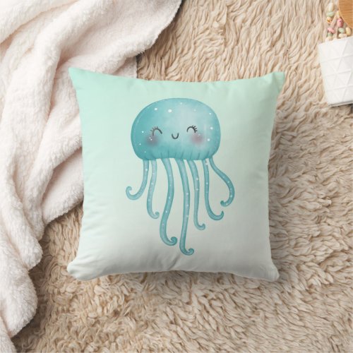 Cute and Fun Blue_Green Jellyfish Throw Pillow