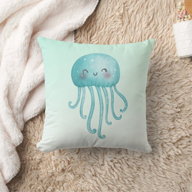 Cute and Fun Blue-Green Jellyfish Throw Pillow (Blanket)