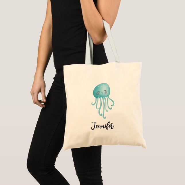 Cute and Fun Blue-Green Jellyfish Tote Bag (Front (Product))