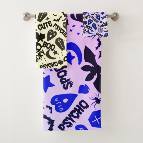 Cute and Fun Purple Blue and Black Halloween Bath Towel Set