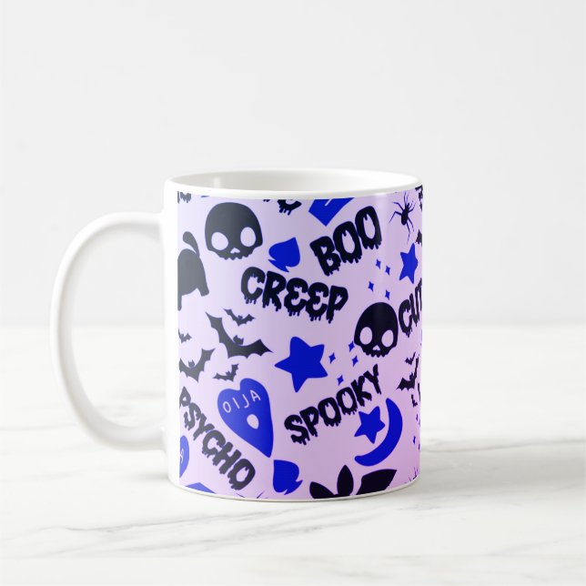 Cute and Fun Purple, Blue and Black Halloween Coffee Mug (Left)