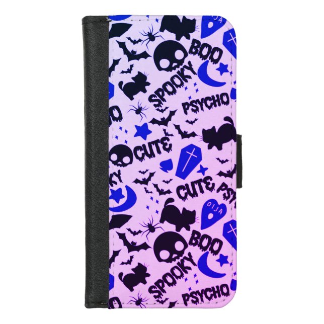 Cute and Fun Purple, Blue and Black Halloween iPhone Wallet Case (Front)