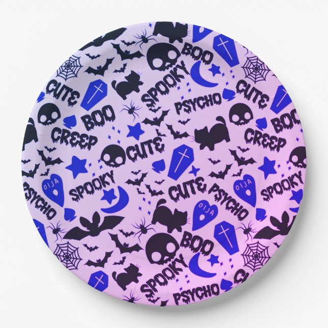 Cute and Fun Purple, Blue and Black Halloween Paper Plates (Front)