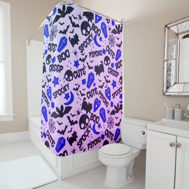 Cute and Fun Purple, Blue and Black Halloween Shower Curtain (In Situ)