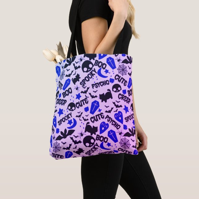 Cute and Fun Purple, Blue and Black Halloween Tote Bag (Close Up)