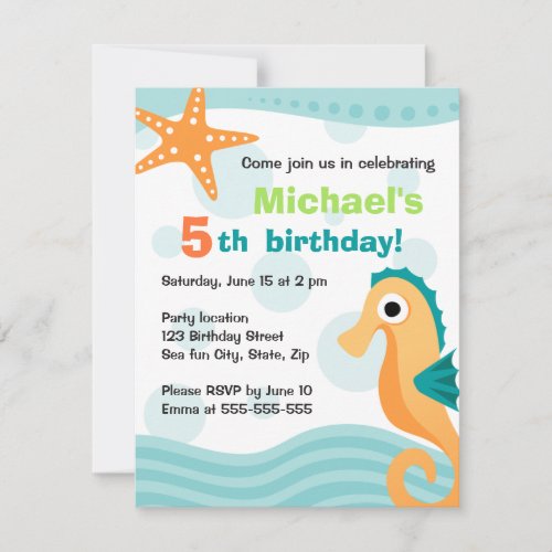 Cute and fun seahorse under the sea birthday personalized invitation